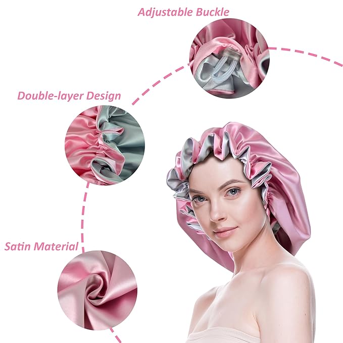 Silk Bonnet for Sleeping Satin Bonnets Double Layer Reversible Hair Cap Bonnet for Women Long Curly Braid Hair (Pink)