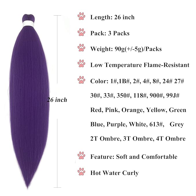 Purple Braiding Hair Pre Stretched Synthetic Braiding Hair Extensions for Braiding Box Braids Crochet Knotless Kids Micro Jumbo Pre Sectioned Braiding Hair Color 26 inch 3 pack