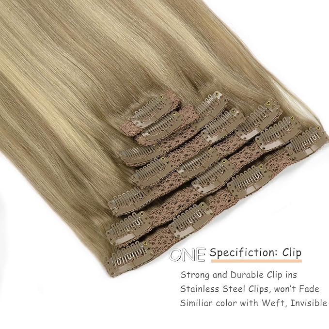 Caliee Clip in Hair Extensions Real Human Hair 22 Inch 140G B8/60A Light Brown Fading to Platinum Blonde Ombre Clip in Hair Extensions Human Hair Double Weft with 16 Clips for Full Head