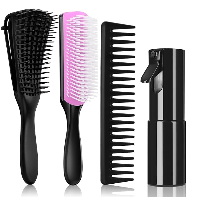 Hommtina Detangling Brush Set with Curly Hair Spray bottle, Bottle Brush Set for Women and Kids Curly Hair (3 PCS, Black+Purple)