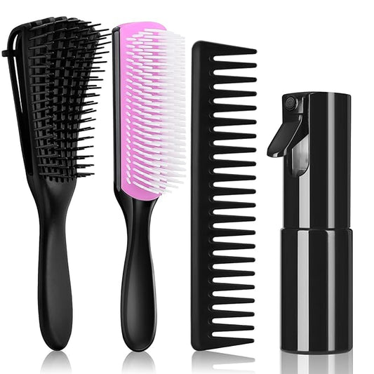 Hommtina Detangling Brush Set with Curly Hair Spray bottle, Bottle Brush Set for Women and Kids Curly Hair (3 PCS, Black+Purple)
