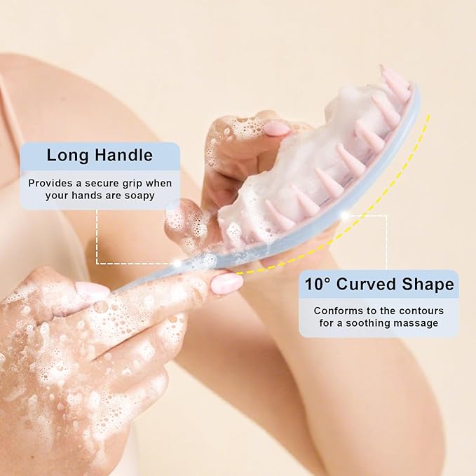 RHOS Scalp Massager, Shampoo Brush with Handle, Curved Vented Hair Scrubber, Scalp Brush for Wet & Dry Hair (Blue)