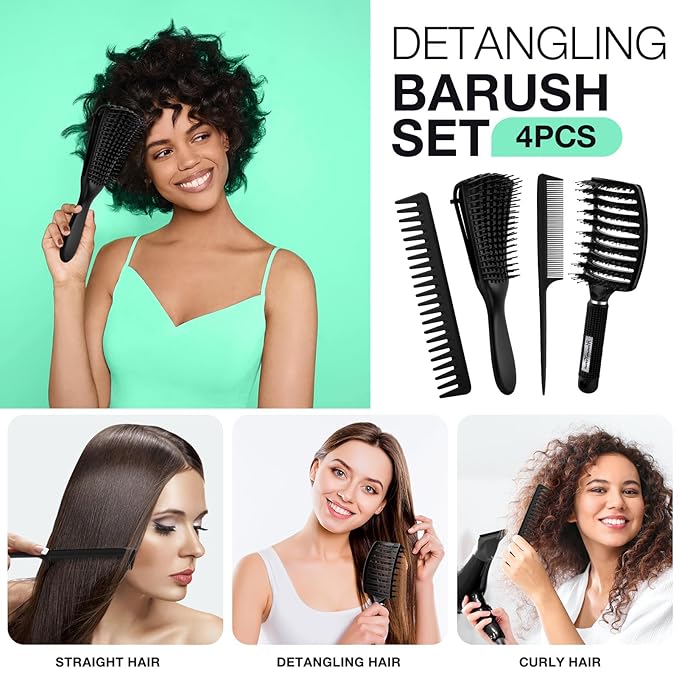 Hommtina 4Pcs Vented Brush Set for Thick/Wet/Dry/Wavy/Curly/Oil/Long Hair - Afro America/African Hair (4 PCS, Black)