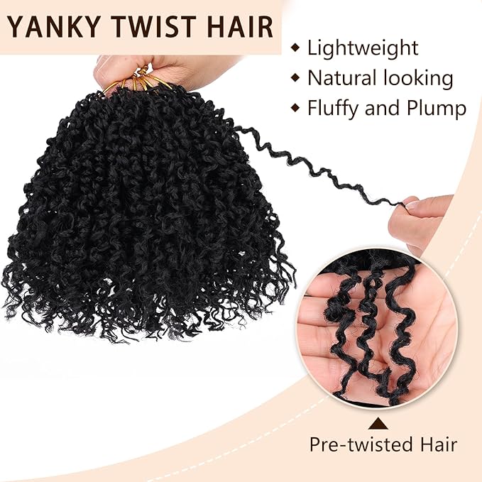 COOKOO 6 Inch 8 packs Pre-looped Yanky Twist Crochet Hair for Women Natural Black Pre Twisted Mini Passion Twists Crochet Hair Kinky Curly Crochet Twist Synthetic Hair Extensions 1B#