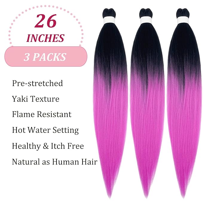 Rose Pink Ombre Braiding Hair Pre Stretched Color Pink Hair Extensions for Braids 26 inch Prestretched Braiding Hair Ombre Crochet Braids Non Toxic Synthetic Hair for Braiding