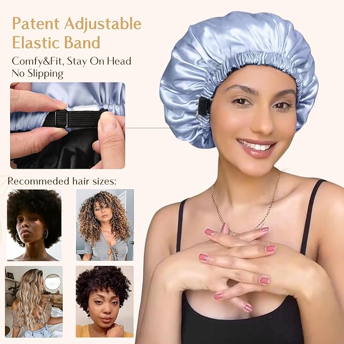 YANIBEST Adjustable Satin Bonnet Double Layer Hair Bonnet for Sleeping Bonnets for Women Hats Curly Natural Hair, Sky Blue