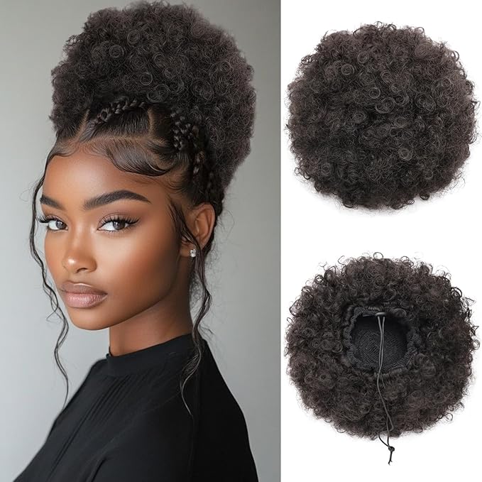 AISI QUEENS Synthetic Curly Puff Drawstring Ponytail, Black Brown Faux Buns Short Kinky Curly Hair Ponytail Hair Extension Updo Wrap Fiber Wig Large Size(2#)