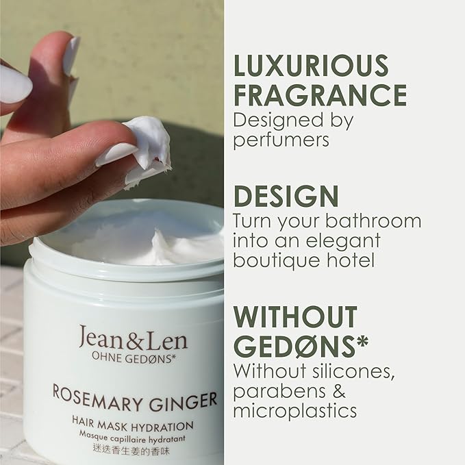 Jean & Len Hair Mask Rosemary & Ginger, for severely damaged, dry & dull hair, intensive moisturizing care, without parabens, silicones and microplastics, 6.76 Fl. Oz.