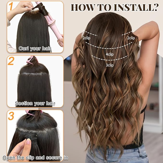 ALXNAN Clip in Long Wavy Synthetic Hair Extension 24 Inch Brown with Caramel Highlights 4PCS Thick Hairpieces Fiber Double Weft Hair for Women