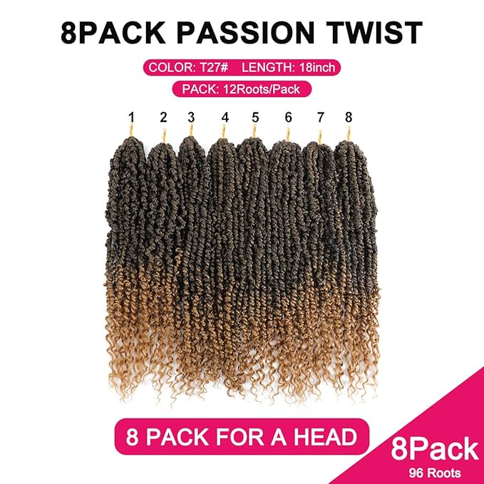 Passion Twist Hair - 8 Packs 18 Inch Passion Twist Crochet Hair For Women, Crochet Pretwisted Curly Hair Passion Twists Synthetic Braiding Hair Extensions (18 Inch 8 Packs, T27)