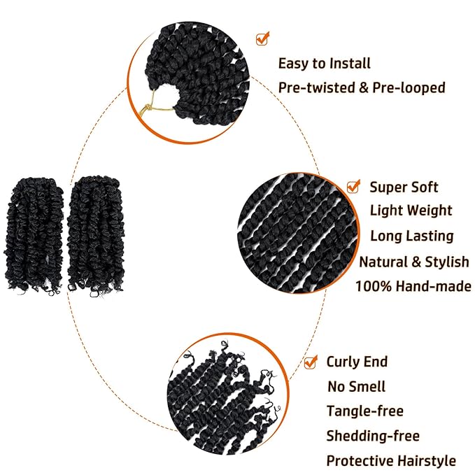 Short Passion Twist Hair 6 Inch Pre-twisted Passion Twist Crochet Hair for Women Girls Pre-looped Water Wave Crochet Braids Bohemian Curly Braiding Hairs Synthetic Hair Extensions 8 packs 1B