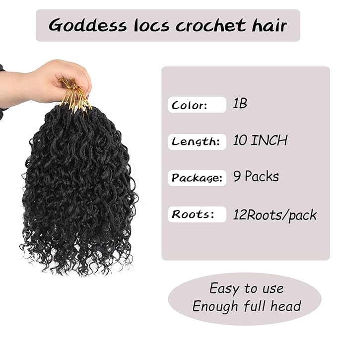 Goddess Locs Crochet Hair,10 Inch 9 Packs Synthetic Faux Locs Crochet Hair for Black Women,River Locs Hair Extensions Boho Style Pre looped Faux with Curly Ends