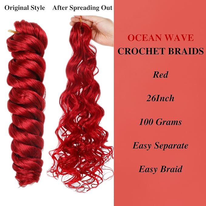Red Boho Braiding Hair Pre stretched Hypoallergenic Synthetic Braiding Hair Yaki Texture Curly Bohemian Braids