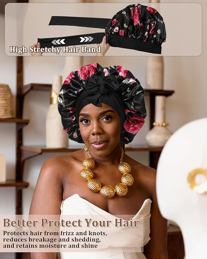 Reversible Satin Bonnet for Sleeping Women Double Layer Hair Bonnet with 2PCS Hair Scrunchies Elastic Tie Band Night Cap