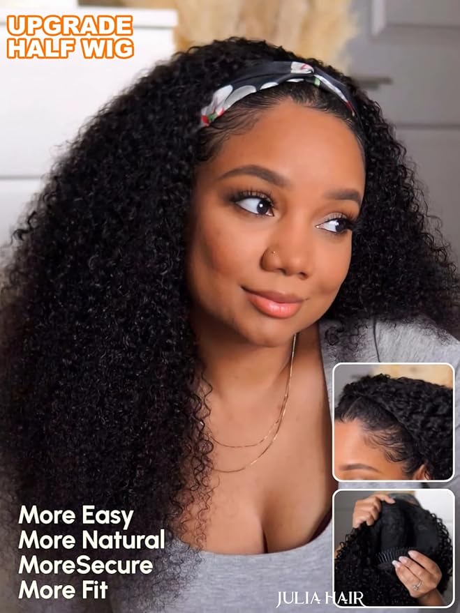 Julia Hair Afro Kinky Curly Half Wigs Human Hair 4C Blend Edges Hairline with Drawstring 3 In 1 Flip Over Clip in Glueless Beginner Friendly Headband Curly 3/4 Half Wig for Women 24 Inch