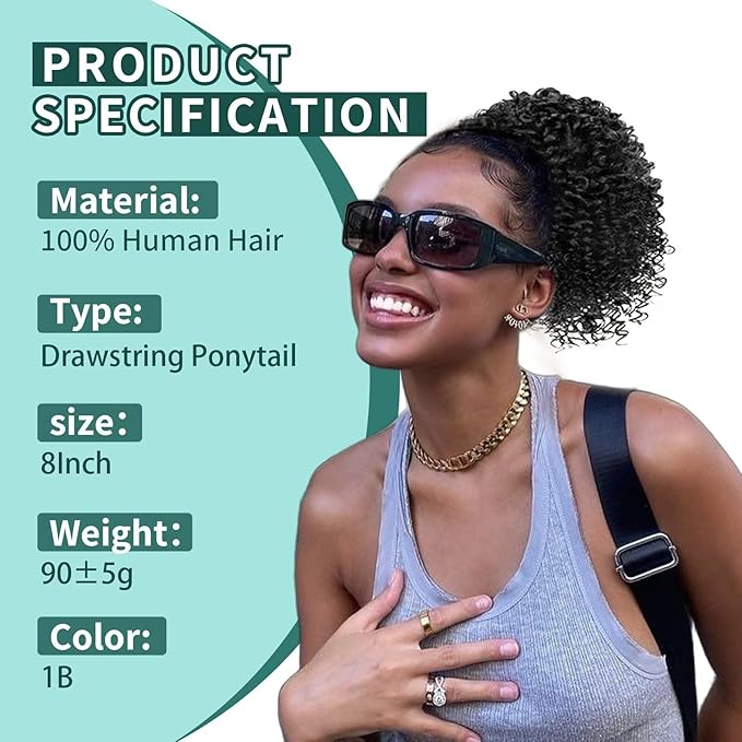 Ponytail Extension Human Hair Curly Ponytail Extension for Black Women 8 Inch #1B Natural Black Short Afro Puffs Hair Buns Drawstring Ponytail Human Hair