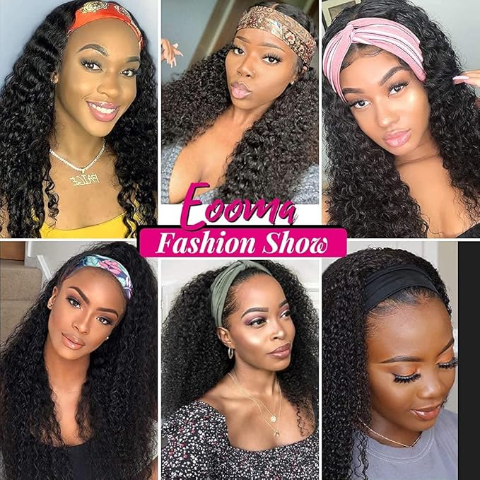Eooma Curly Headband Wig Human Hair Wigs for Black Women 24 inch Brazilian Curly None Lace Front Wigs Human Hair Scarf No Gel Gluelees Remy Hair Headband Wig