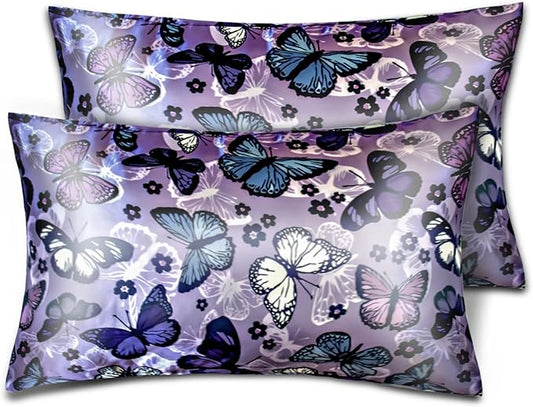 Purple Satin Pillowcase for Hair and Skin, King Satin Pillowcase Set of 2, Silky Satin Pillow Cases for Women 2 Pack with Envelope Closure (20’’x36’’, Butterflies & Flower)