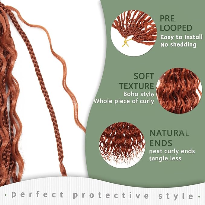 14 Inch Ginger Boho Crochet Braids 7Packs Goddess Box Braids Crochet Hair for Women Pre Looped Bohemian Hippie Braiding Hair Extensions,350 Red Brown