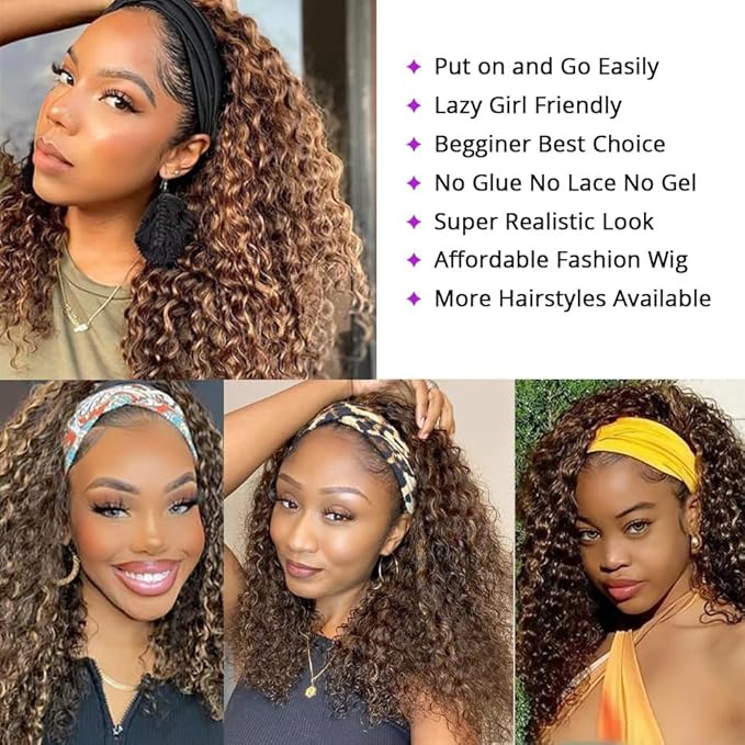 XSY Kinky Curly Headband Wig Human Hair Highlight Ombre Human Hair Wigs for Black Women 26 Inch Glueless Machine Made Brazilian Headband Wig 150% Density