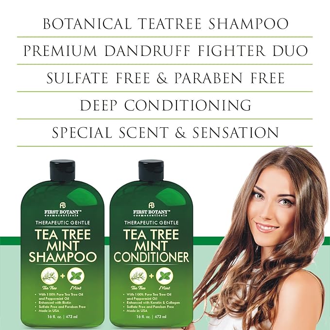 First Botany Tea Tree Mint Shampoo & Conditioner for Men & Women - Pure Tea Tree & Peppermint Oil - Fights Hair Loss, Dandruff, Lice & Itchy Scalp, Promotes Hair Growth - Sulfate Free - 16 Fl Oz x 2