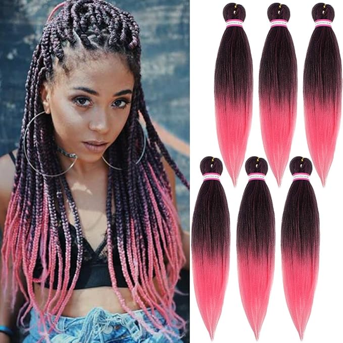 Dorsanee Ombre Pink Braiding Hair Pre Stretched 20 Inch 6 Packs Braiding Hair Extensions for Crochet Box Braids Twists Locs Hair Itch Free Soft Yaki Texture Hot Water Setting (20inch,#1B/Pink)