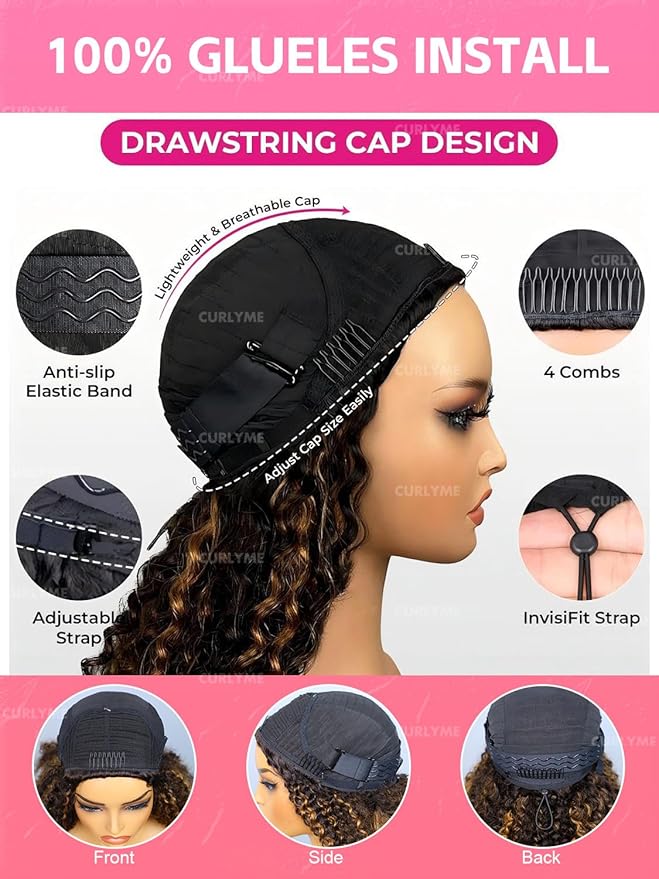 Curlyme Ombre Honey Blonde Kinky Curly Half Wig Human Wear and Go Glueless Install Flexible Fit 3 In 1 2/30 Color Half Wig Flip Over Invisible Hairline 18 Inch