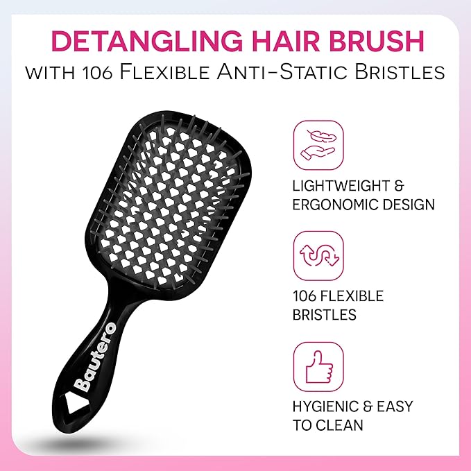 Bautero Brush Detangler Brush for Wet & Dry Hair, Pain-Free Brushing on All Hair Types, Knot Removal, Vented Hair Brush, Juni Midnight