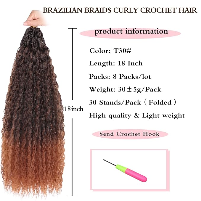 Xtrend Pre Looped Micro Brazilian Kinky Curly Crochet Hair 8 Packs 18 Inch Ombre Brown Micro Curly Braiding Hair Extensions Synthetic Deep Wave For Mini Senegalese Twist Hair (30 Strands/Pack，T30#)