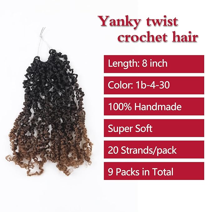 Yanky Twist Crochet Hair, PILLUGER Yaki Twists Hair Micro Spring Twist Braids,9 Packs Pre-looped passion Twist Brown Senegalese With Curls Crochet Synthetic Hair Extensions(1B/4/30)
