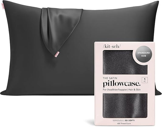 Kitsch Satin Pillowcase with Zipper for Hair & Skin, Softer Than Silk Pillow Cases Queen, Wrinkle-Free, Smooth and Cooling Satin Pillow Covers, Standard Size 19"x26" - Charcoal