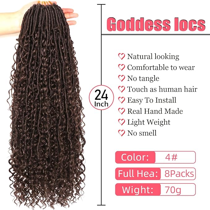 Goddess Locs Crochet Hair-24 Inch 8 Packs Boho Faux Locs Crochet Hair for Black Women Pre Looped Soft Locs with Curly Ends (#4, 24 Inch(Pack of 8))
