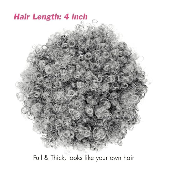 Short Curly Wigs with Headbands Attached for Black Women Synthitic Kinky Curly Afro Puff No Drawstring Ponytail Wig Headwrap Hairstyles With 2 Clips(T1B/Grey)