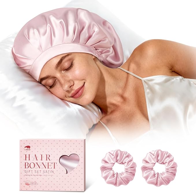 LitBear Silk Satin Bonnet for Sleeping Women, Adjustable Double Layer Hair Bonnet with Scrunchies for Curly Natural Hair, Non Slip Softer Night Sleep Cap Pink