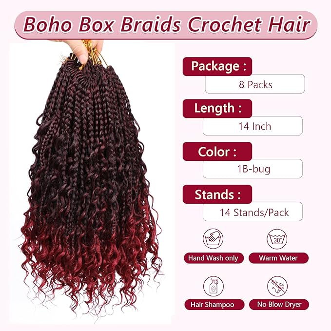 8 Packs Box Braids Crochet Braids Curly Ends 14 Inch Goddess Box Braids Crochet Hair Synthetic Crochet Hair Extensions (14(8Packs), 1B/Bug)