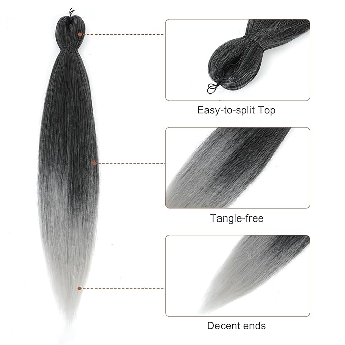 Pre-stretched Braiding Hair - 26 Inch 8 Packs Ombre Gray Super Long Braiding Hair For Twist or Box Braids, Yaki Texture Hot Water Setting Synthetic(26 Inch, T-Gray-8P)