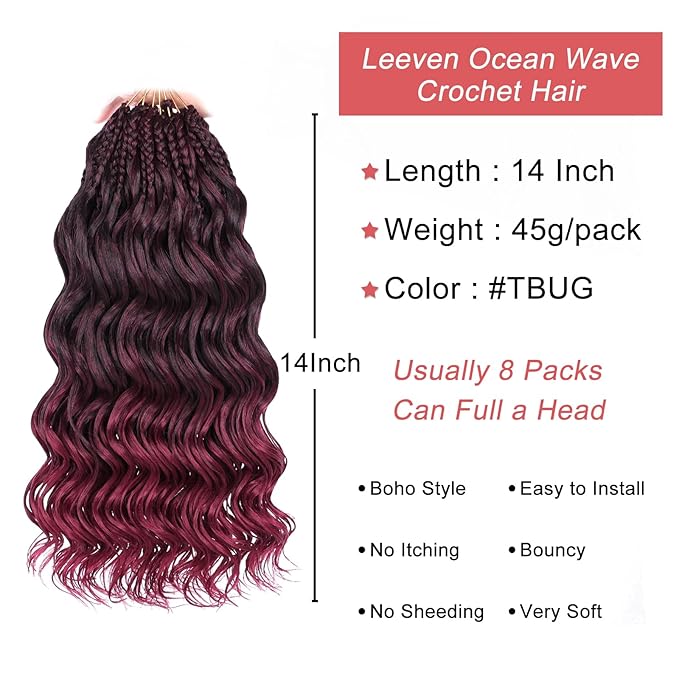 Leeven 14 Inch Pre Looped Curly Crochet Hair 8 Packs Ombre Red Boho Ocean Wave Crochet Hair Burgundy Short Ocean Braids Pre Twisted Synthetic Deep Wavy Crochet Hair for Women