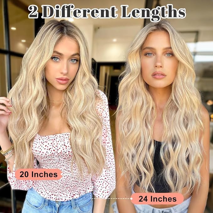 ALXNAN Clip in Hair Extensions, Long Wavy Blonde Hair, 24 Inch 4PCS Thick Fiber Double Weft Hairpieces