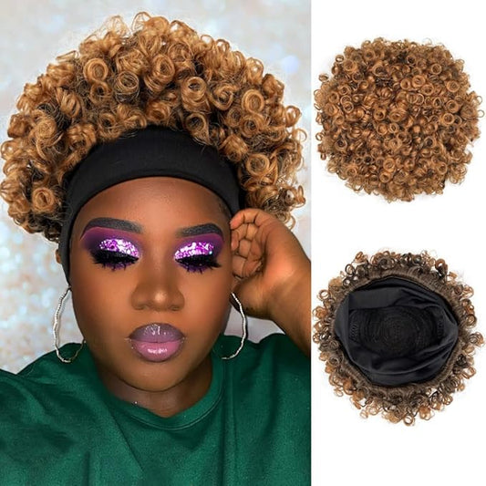 Afro Wigs for Black Women Glueless,Short Kinky Curly Wig with headbands attached Synthetic with 2 Clips(BrownT30)