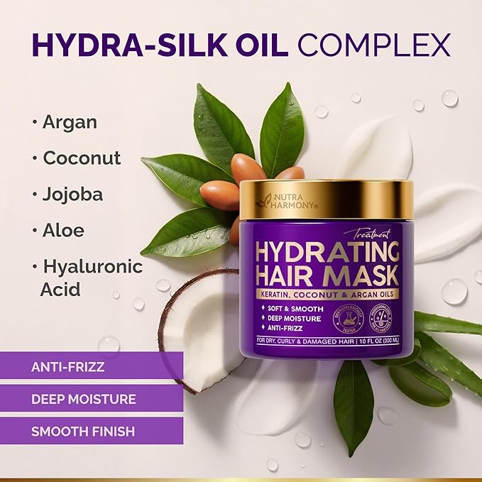 Hydrating Hair Mask – Post Hair Relaxer for Damaged & Dry – Deep Conditioning Keratin Treatment for Curly & Color-Treated – Soft, Smooth, Anti-Frizz & Split Ends Repair with Collagen, Biotin – 10 oz