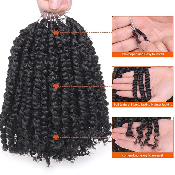 ZRQ Short 8 Packs Pre-twisted Bob Passion Twist Crochet Hair with Curly Ends 8 Inch Pre looped Black Passion Twists Hair 12 Roots/Pack Synthetic Bohemian Crochet Braids Hair for Black Women 1B#