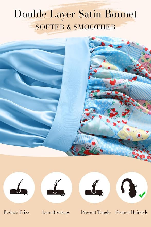 Double Layer Silk Bonnet with Tie Satin Lined Sleep Cap Hair Cover for Women's Curly Natural Hair