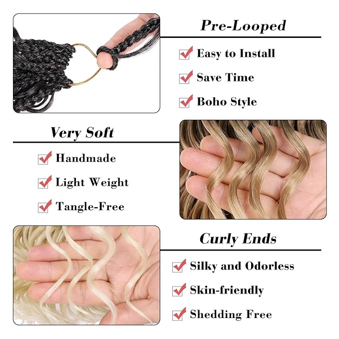 Leeven 10 Inch Pre Looped Ocean Wave Crochet Hair 8 Packs Boho Ocean Braids 3 Tone Ombre Blonde Short Curly Crochet Hair Pre Twisted Synthetic Deep Wavy Crochet Hair for Women