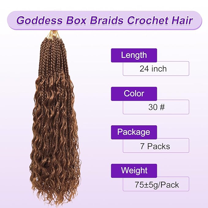Eacia Goddess Box Braids Crochet Hair 24 Inch 7 Packs Pre Looped Boho Box Braids With Curly Ends Bohomian Curly Crochet Hair Extensions for Women(24 Inch, 30#)