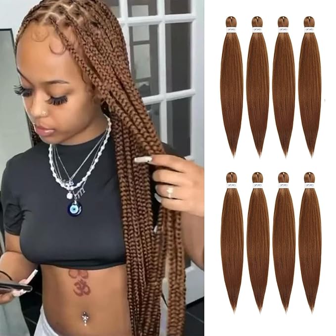 Pre-stretched Braiding Hair - 30 Inch 8 Packs Brown Super Long Braiding Hair For Twist or Box Braids, Yaki Texture Hot Water Setting Synthetic Braiding Hair Extensions (30 Inch, #30-8P)