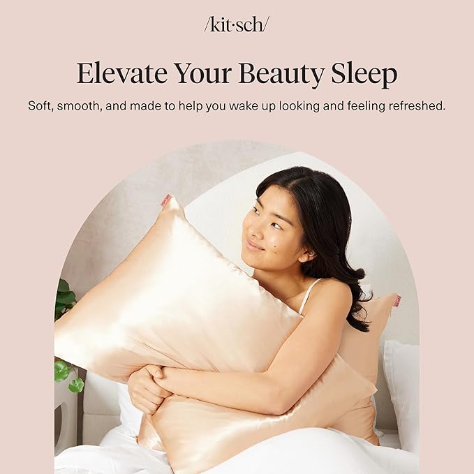 Kitsch Satin Pillowcase with Zipper for Hair & Skin, Softer Than Silk Pillow Cases Queen, Wrinkle-Free, Smooth and Cooling Satin Pillow Covers, Standard Size 19"x26" - Champagne