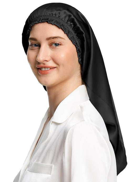LilySilk Extra Long Silk Bonnet Sleep Cap for Women Soft Adjustable Hair Bonnet for Braids,Curly,Long Hair- Soft Elastic Band, Black