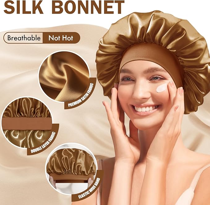 Satin Silk Bonnet for Sleeping, Double Layer Silk Sleep Cap for Men & Women, Soft Satin Lined Bonnet for Curly Hair