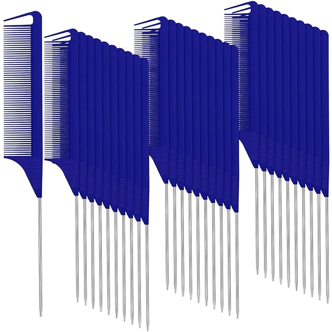 Patelai 30 Pieces Rat Tail Combs Bulk, Hair Teasing Fine Tooth Pintail Combs Braiding Hair Styling Tools with Steel Pin for Stylists Salon Teasing Sectioning Coloring Detangling(Navy Blue)