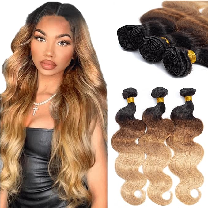 12A Ombre Body Wave Bundles Human Hair (T1B/30/27,24" 24" 24") 100% Real Human Hair 3X Longer Lifespan 100% Unprocessed Brazilian Virgin Hair Ombre Brown Body Wave Human Hair Weave Bundles